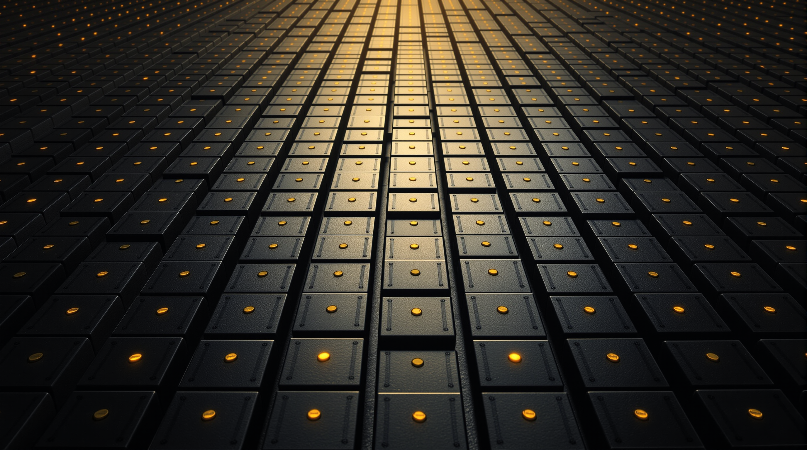 A vast grid of dark vault cells, each marked with a small gold seal, receding into golden depth.