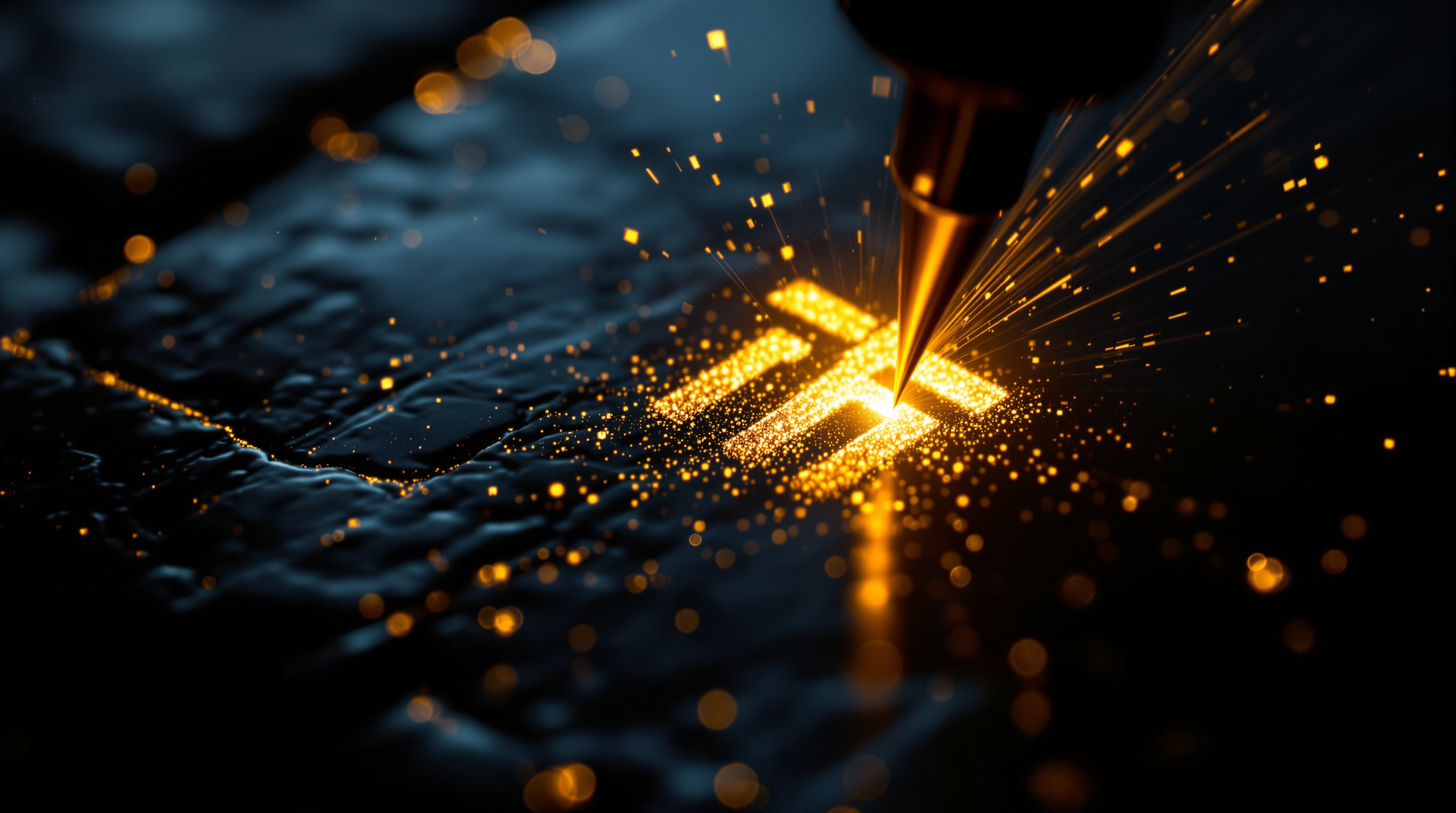 A fine beam etching a glowing gold glyph into dark stone, sparks rising.