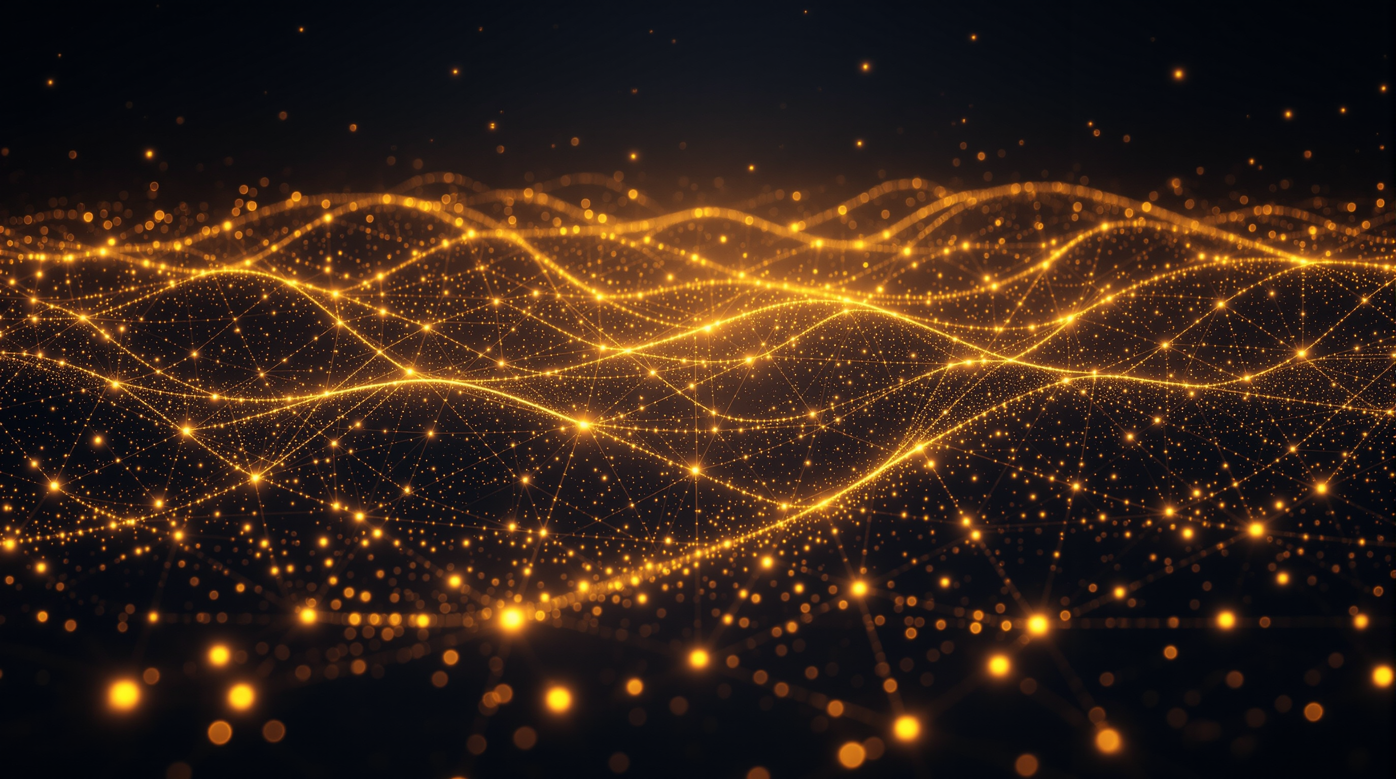 A flowing field of gold nodes and lines — a cryptographic lattice rendered as light.