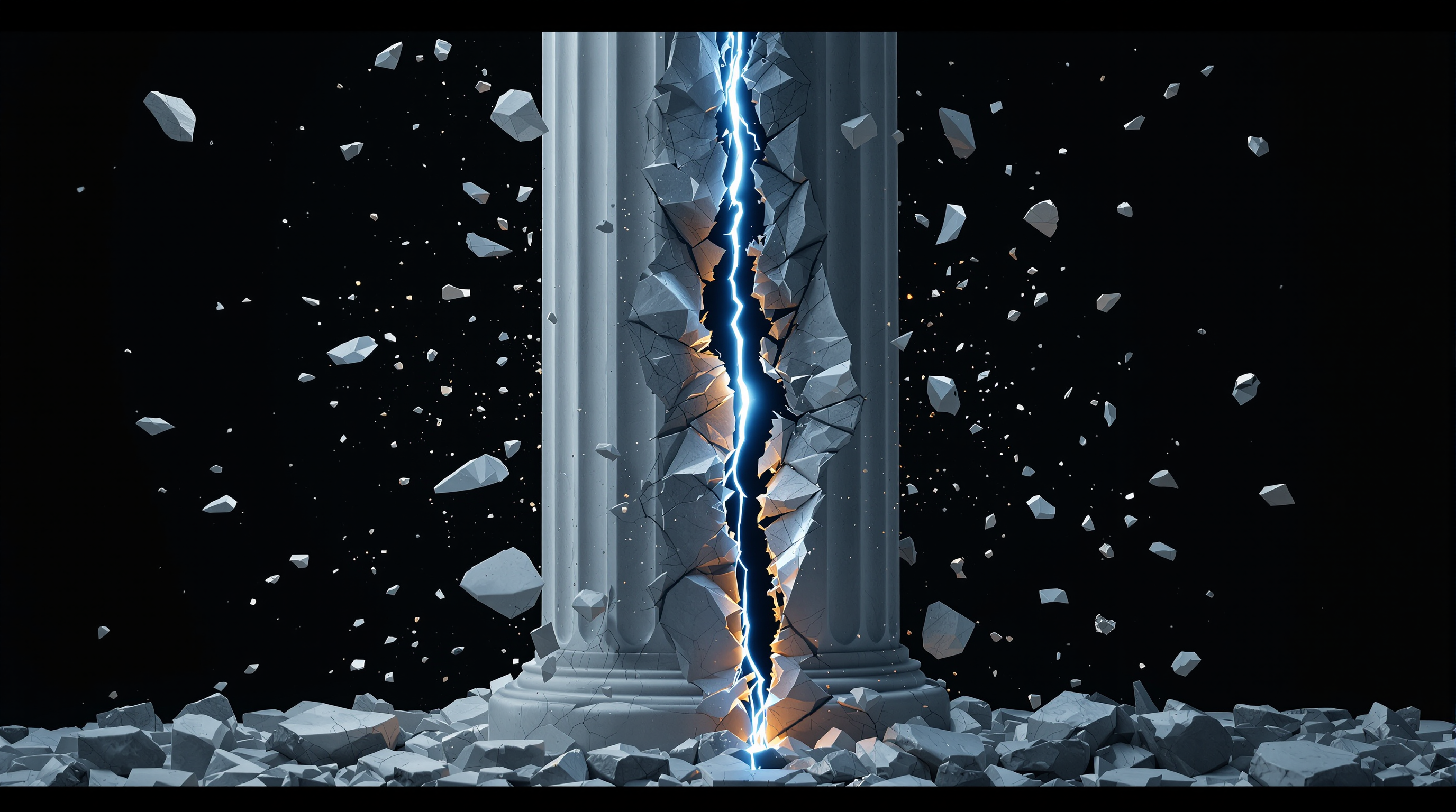 A classical marble column splitting on an electric fault-line, a gold ember surviving in the core.
