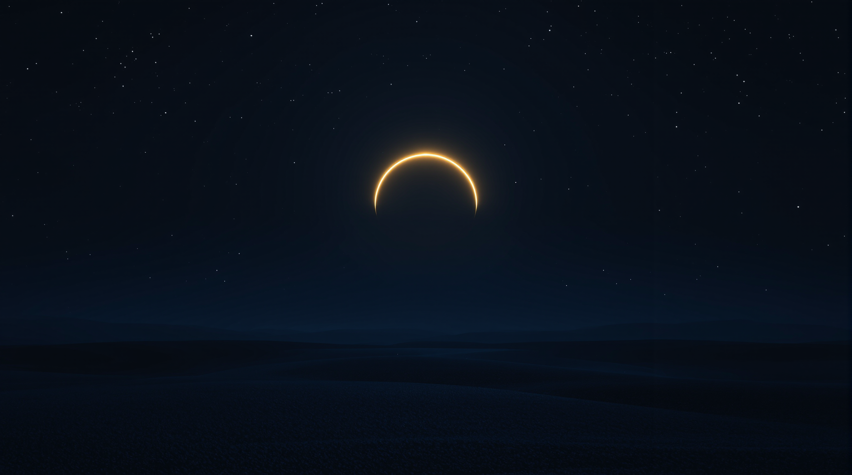 A glowing gold arc rising over a dark horizon — the mark.